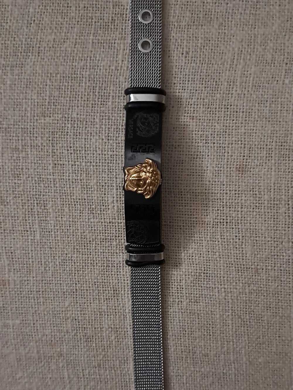 -Inspired Black Silver Mesh Bracelet with Gold Medusa Accent